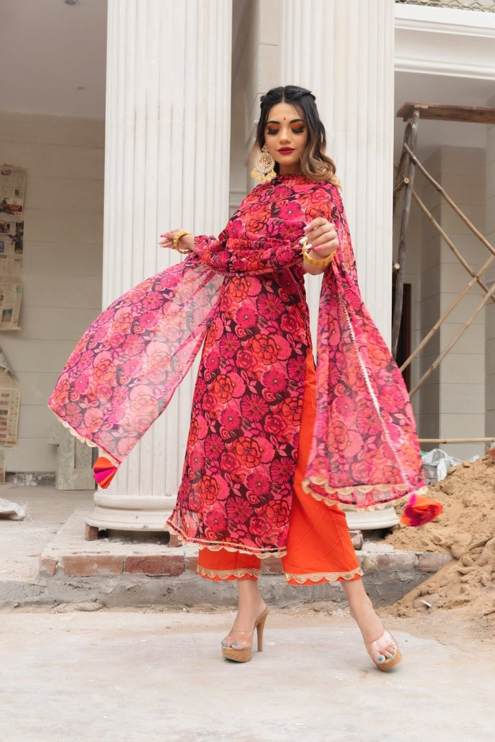 ORANGE PHOOL JAAL CHIFFON SUIT SET - Pomcha Jaipur