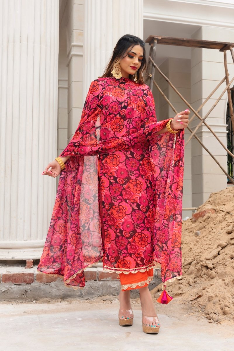 ORANGE PHOOL JAAL CHIFFON SUIT SET - Pomcha Jaipur