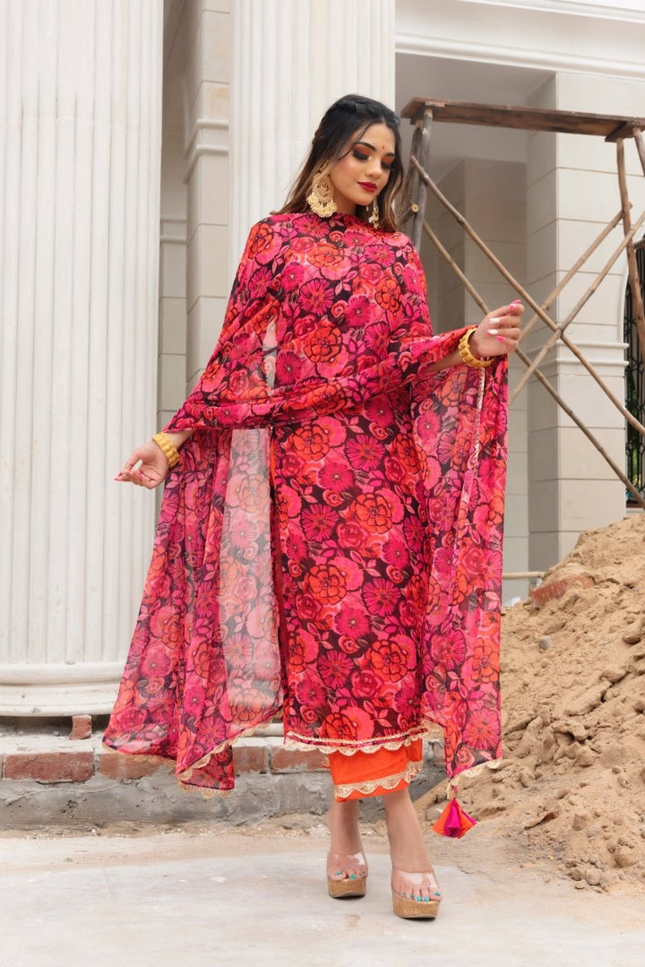 ORANGE PHOOL JAAL CHIFFON SUIT SET - Pomcha Jaipur