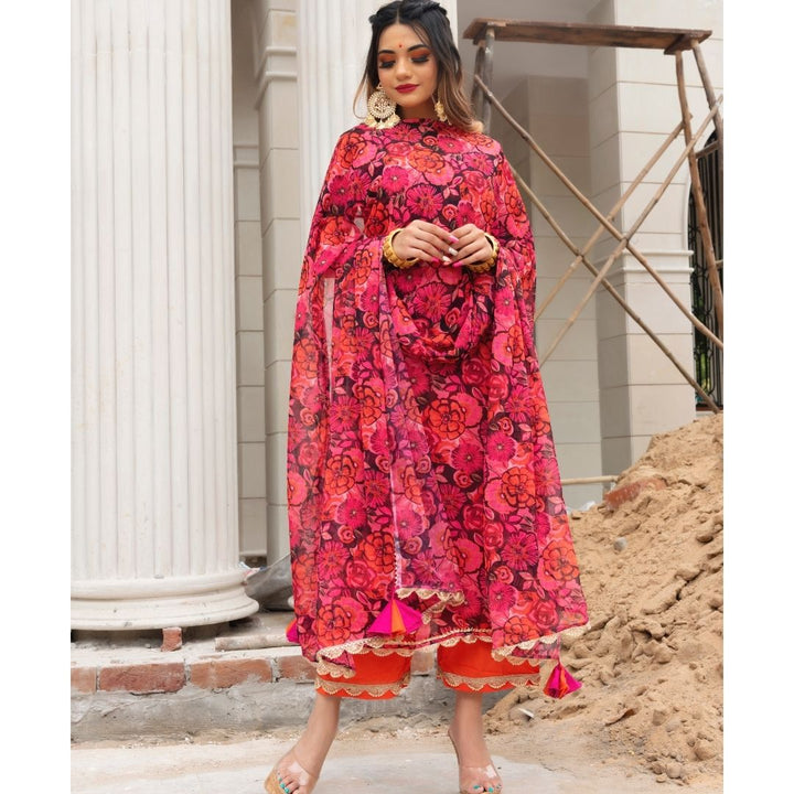 ORANGE PHOOL JAAL CHIFFON SUIT SET - Pomcha Jaipur
