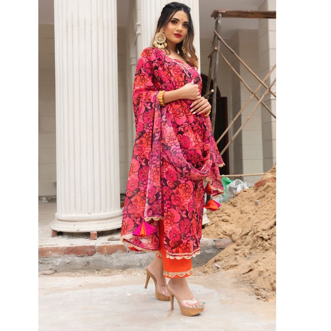 ORANGE PHOOL JAAL CHIFFON SUIT SET - Pomcha Jaipur