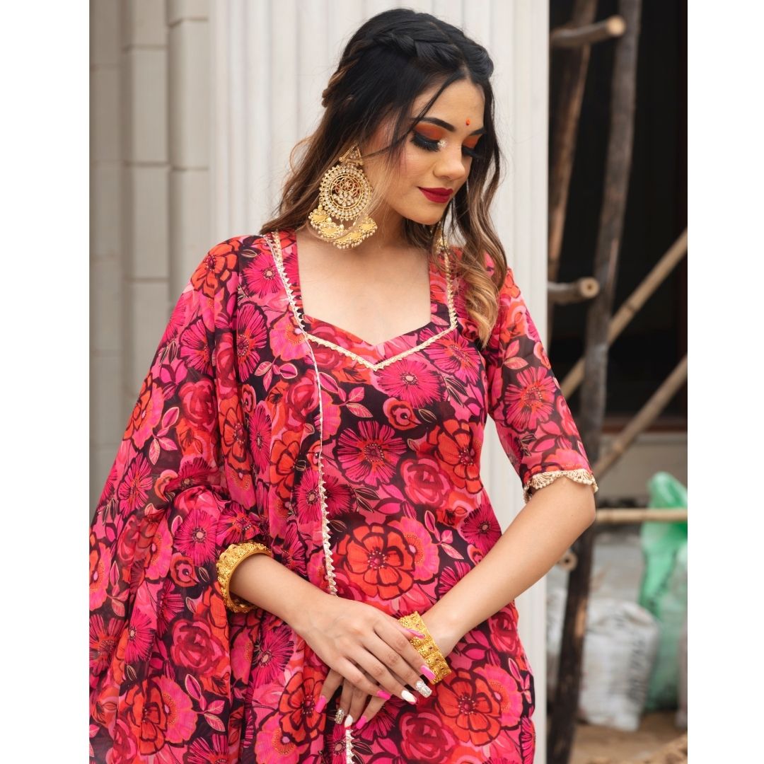 ORANGE PHOOL JAAL CHIFFON SUIT SET - Pomcha Jaipur