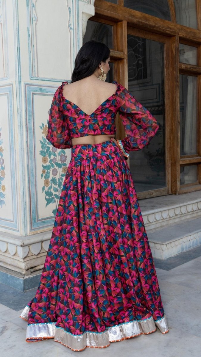 ORANGE ROSE MUSLIN LEHENGA SET - Pomcha Jaipur