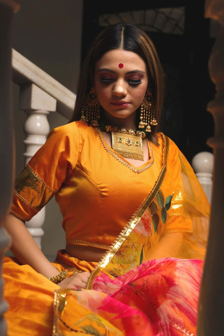 orange Taffeta Silk lappa work Lehenga with digital print organza dupatta set - Pomcha Jaipur