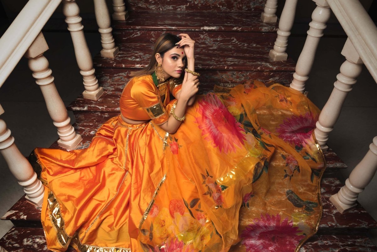 orange Taffeta Silk lappa work Lehenga with digital print organza dupatta set - Pomcha Jaipur