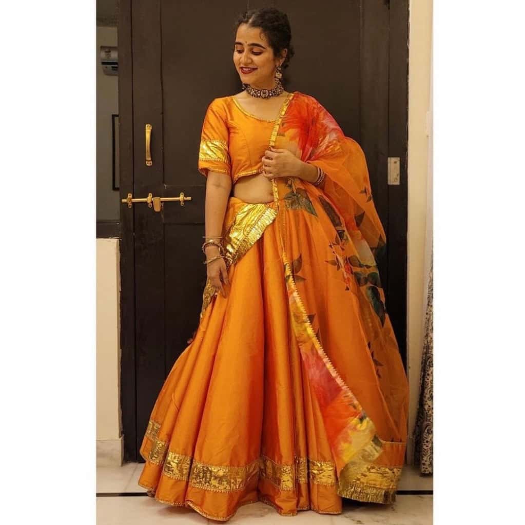 orange Taffeta Silk lappa work Lehenga with digital print organza dupatta set - Pomcha Jaipur