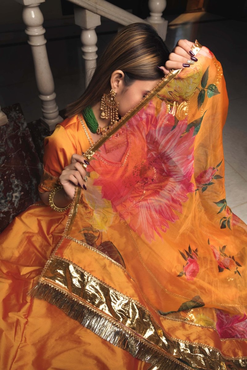orange Taffeta Silk lappa work Lehenga with digital print organza dupatta set - Pomcha Jaipur