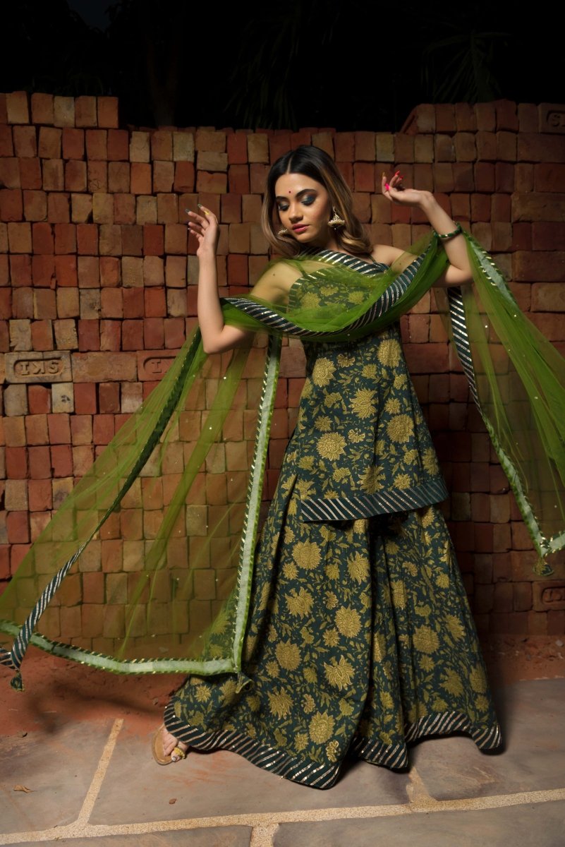 ORCHID GREEN COTTON HAND BLOCK SKIRT SET WITH SOFT NET DUPATTA - Pomcha Jaipur