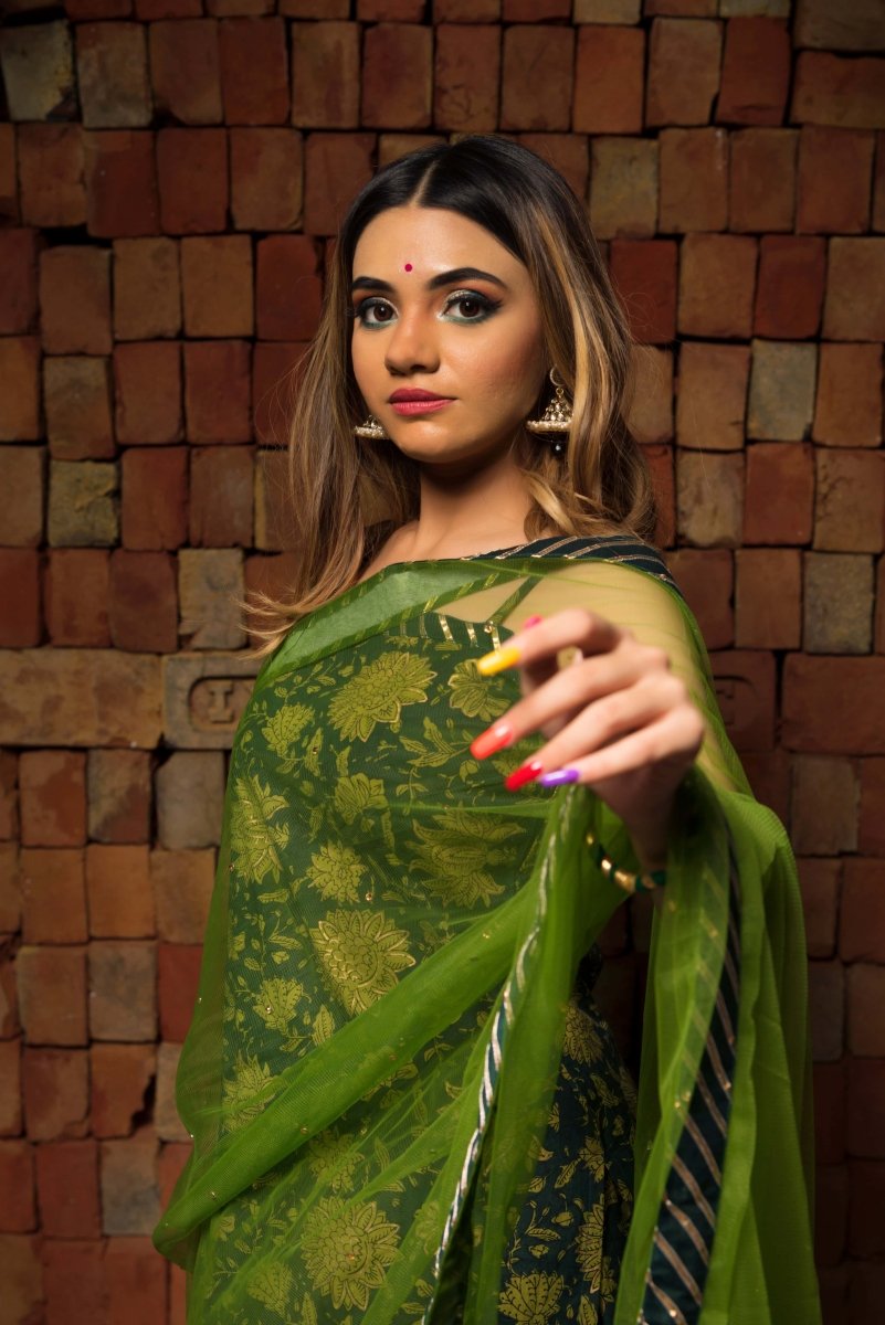 ORCHID GREEN COTTON HAND BLOCK SKIRT SET WITH SOFT NET DUPATTA - Pomcha Jaipur