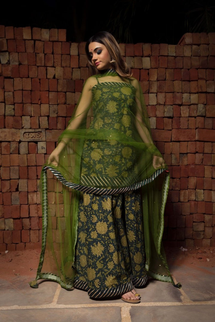 ORCHID GREEN COTTON HAND BLOCK SKIRT SET WITH SOFT NET DUPATTA - Pomcha Jaipur