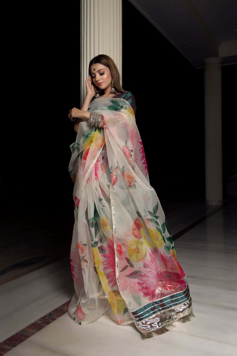 ORGANZA SILK OFF WHITE SAREE WITH TAFFETA SILK GREEN BLOUSE - Pomcha Jaipur