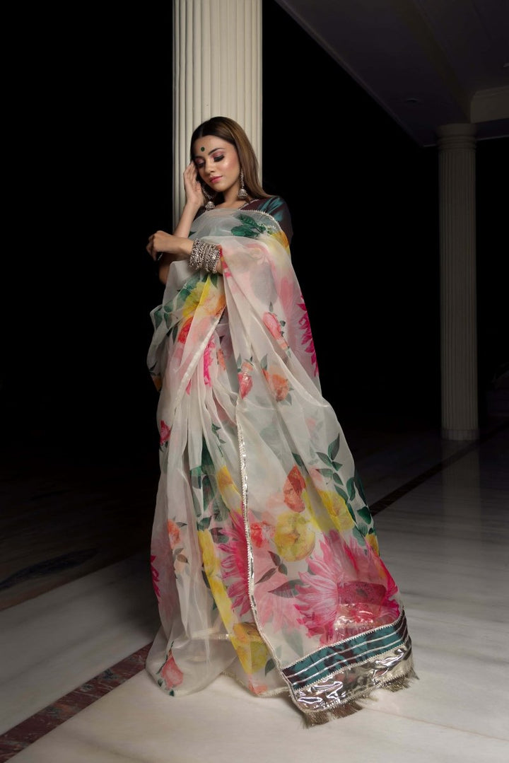 ORGANZA SILK OFF WHITE SAREE WITH TAFFETA SILK GREEN BLOUSE - Pomcha Jaipur