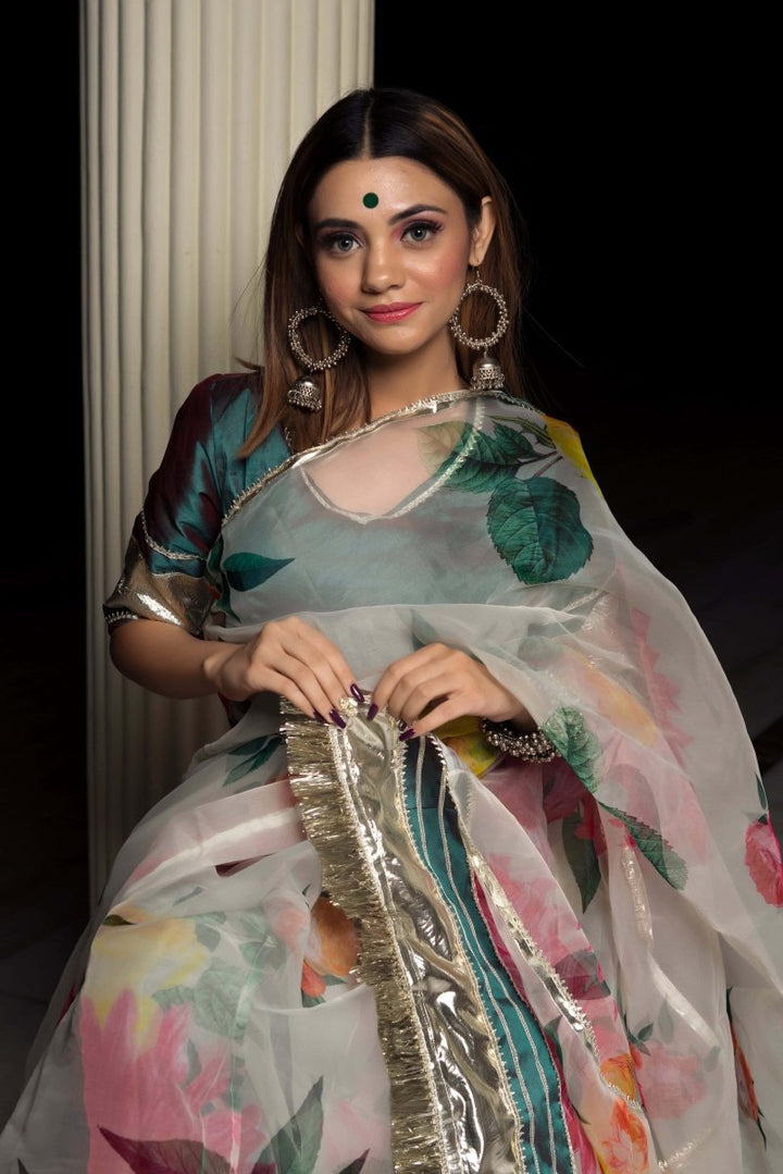 ORGANZA SILK OFF WHITE SAREE WITH TAFFETA SILK GREEN BLOUSE - Pomcha Jaipur