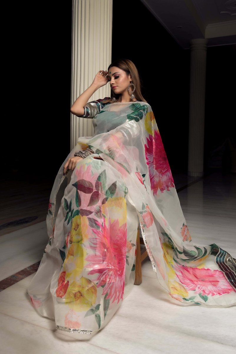ORGANZA SILK OFF WHITE SAREE WITH TAFFETA SILK GREEN BLOUSE - Pomcha Jaipur