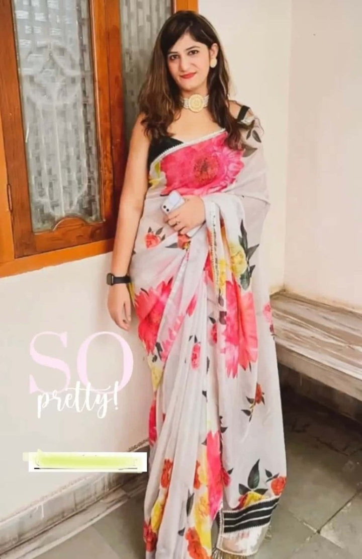 ORGANZA SILK OFF WHITE SAREE WITH TAFFETA SILK GREEN BLOUSE - Pomcha Jaipur