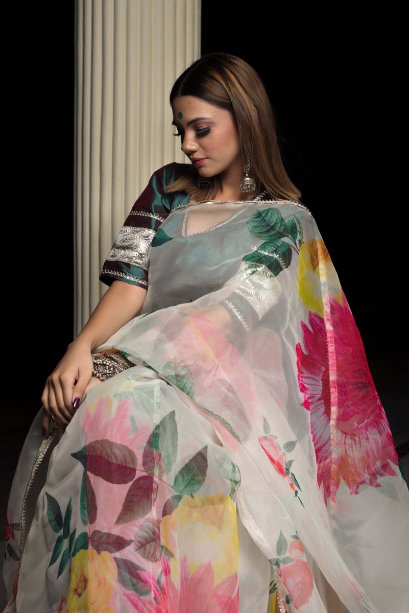 ORGANZA SILK OFF WHITE SAREE WITH TAFFETA SILK GREEN BLOUSE - Pomcha Jaipur