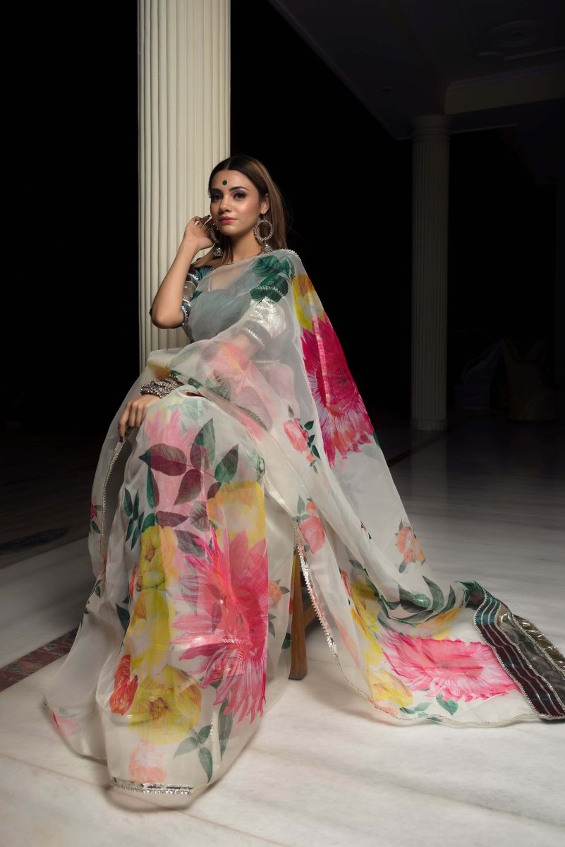 ORGANZA SILK OFF WHITE SAREE WITH TAFFETA SILK GREEN BLOUSE - Pomcha Jaipur