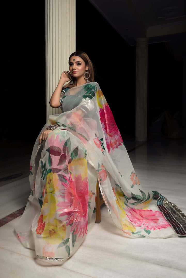 ORGANZA SILK OFF WHITE SAREE WITH TAFFETA SILK GREEN BLOUSE - Pomcha Jaipur