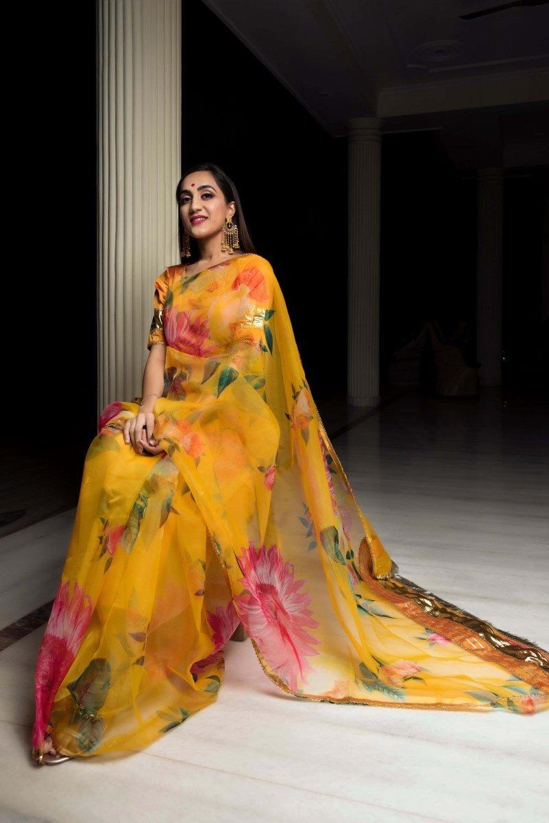 Organza Silk Yellow Saree - Pomcha Jaipur