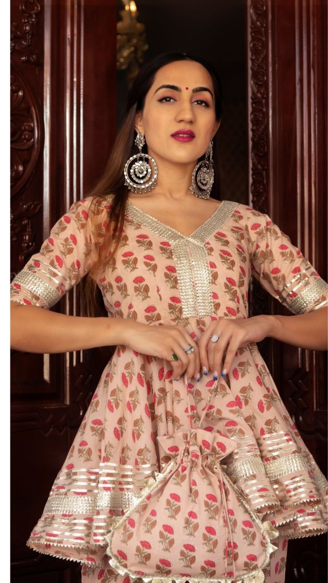 PEACH HAND BLOCK COTTON SHARARA SET WITH SOFT NET DUPATTA - Pomcha Jaipur