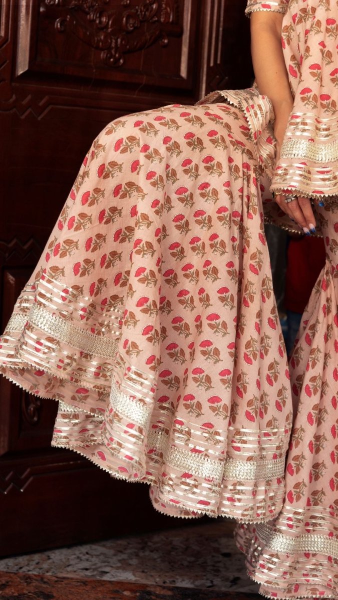 PEACH HAND BLOCK COTTON SHARARA SET WITH SOFT NET DUPATTA - Pomcha Jaipur