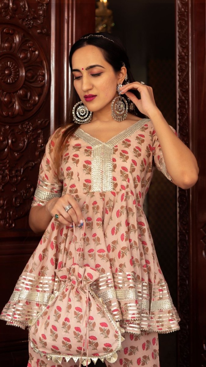 PEACH HAND BLOCK COTTON SHARARA SET WITH SOFT NET DUPATTA - Pomcha Jaipur