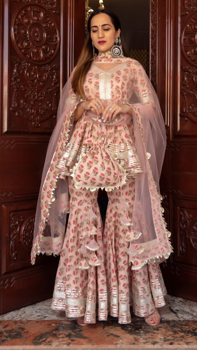 PEACH HAND BLOCK COTTON SHARARA SET WITH SOFT NET DUPATTA - Pomcha Jaipur