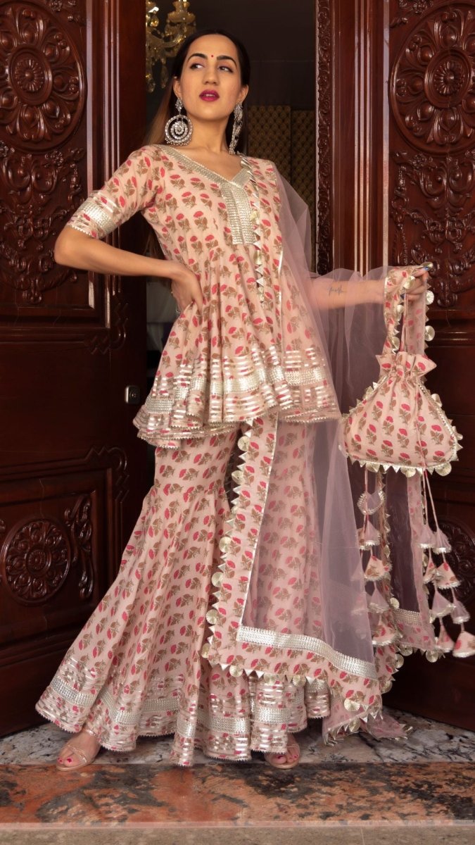 PEACH HAND BLOCK COTTON SHARARA SET WITH SOFT NET DUPATTA - Pomcha Jaipur