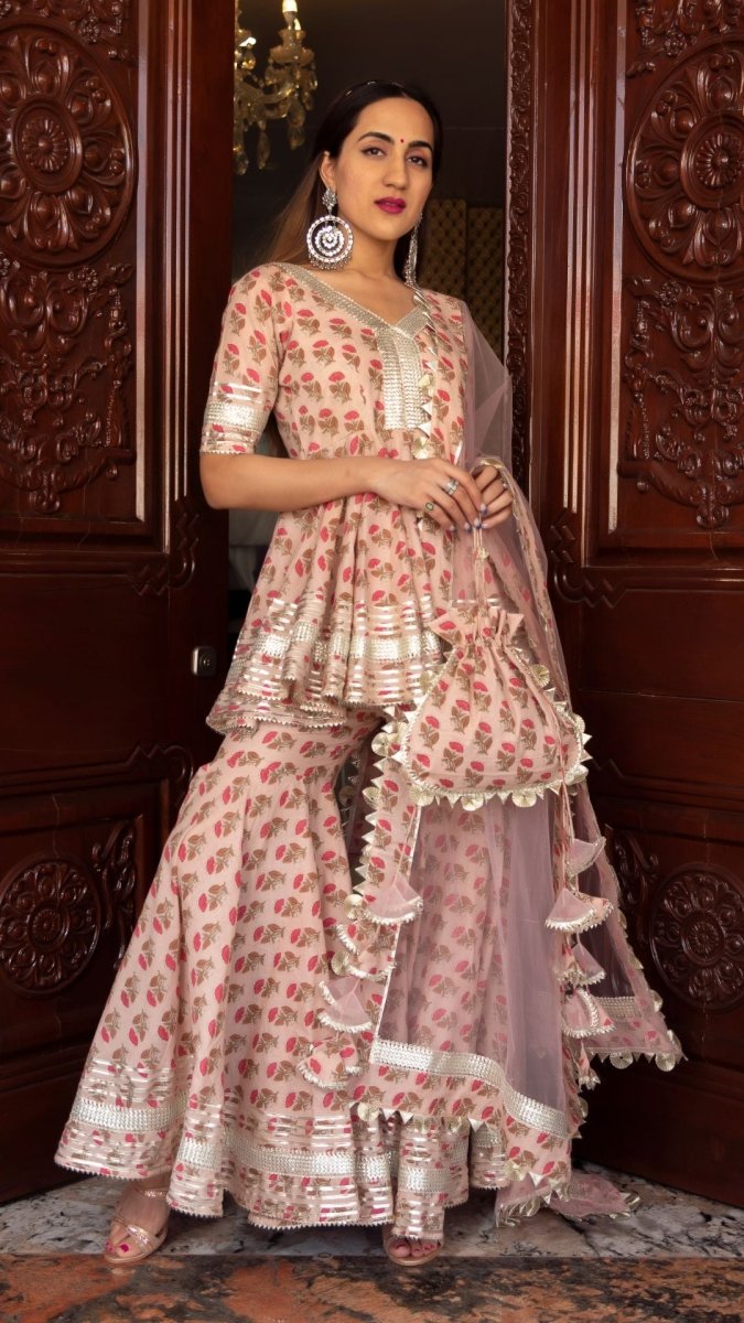 PEACH HAND BLOCK COTTON SHARARA SET WITH SOFT NET DUPATTA - Pomcha Jaipur