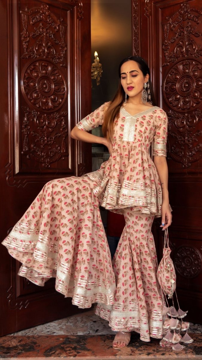 PEACH HAND BLOCK COTTON SHARARA SET WITH SOFT NET DUPATTA - Pomcha Jaipur