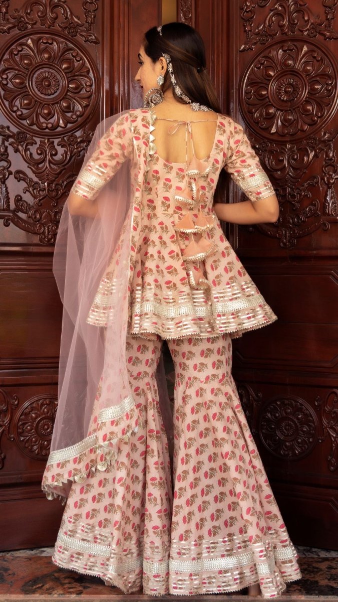 PEACH HAND BLOCK COTTON SHARARA SET WITH SOFT NET DUPATTA - Pomcha Jaipur