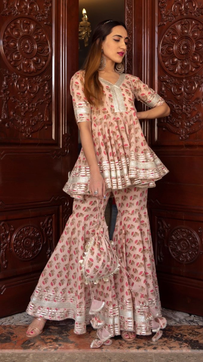 PEACH HAND BLOCK COTTON SHARARA SET WITH SOFT NET DUPATTA - Pomcha Jaipur