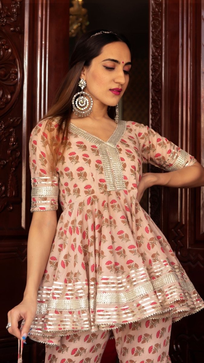 PEACH HAND BLOCK COTTON SHARARA SET WITH SOFT NET DUPATTA - Pomcha Jaipur