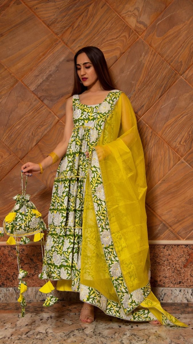 PEELA PHOOL COTTON TIERED ANARKALI SET - Pomcha Jaipur