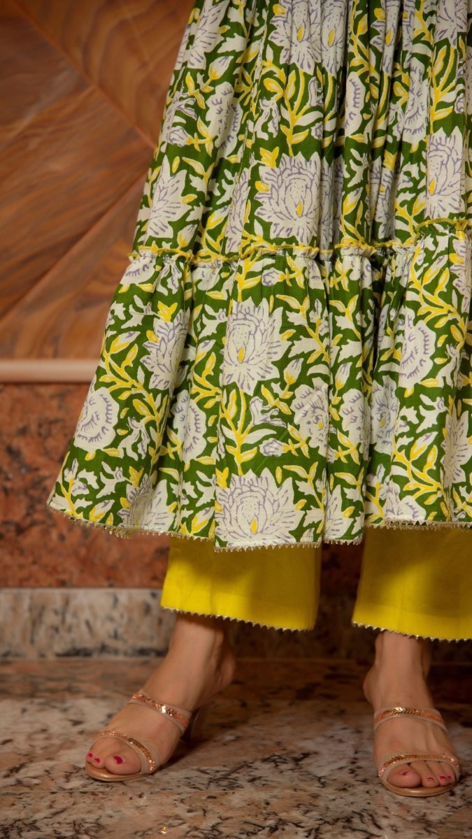 PEELA PHOOL COTTON TIERED ANARKALI SET - Pomcha Jaipur