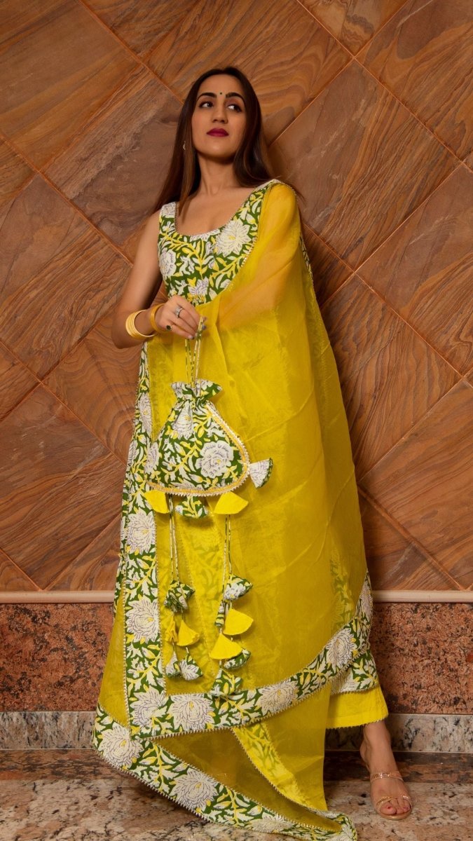 PEELA PHOOL COTTON TIERED ANARKALI SET - Pomcha Jaipur
