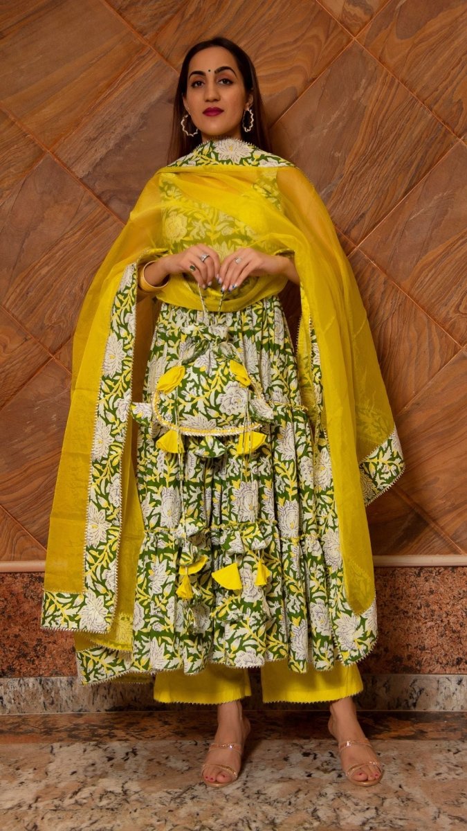 PEELA PHOOL COTTON TIERED ANARKALI SET - Pomcha Jaipur