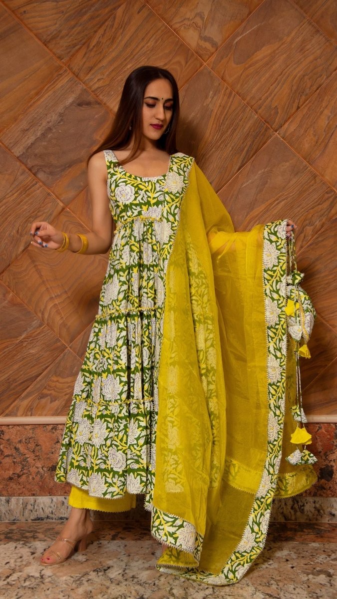 PEELA PHOOL COTTON TIERED ANARKALI SET - Pomcha Jaipur