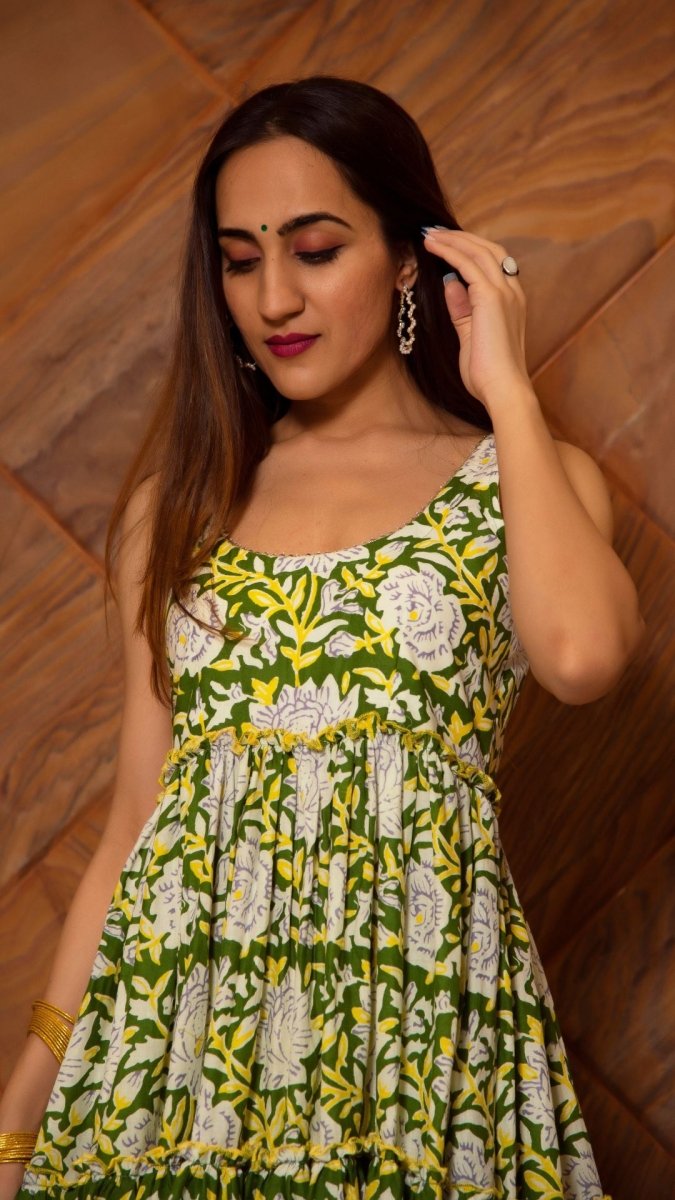 PEELA PHOOL COTTON TIERED ANARKALI SET - Pomcha Jaipur