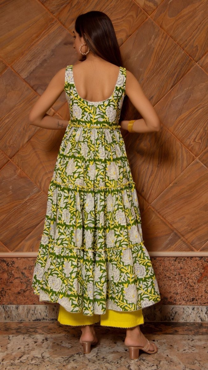 PEELA PHOOL COTTON TIERED ANARKALI SET - Pomcha Jaipur