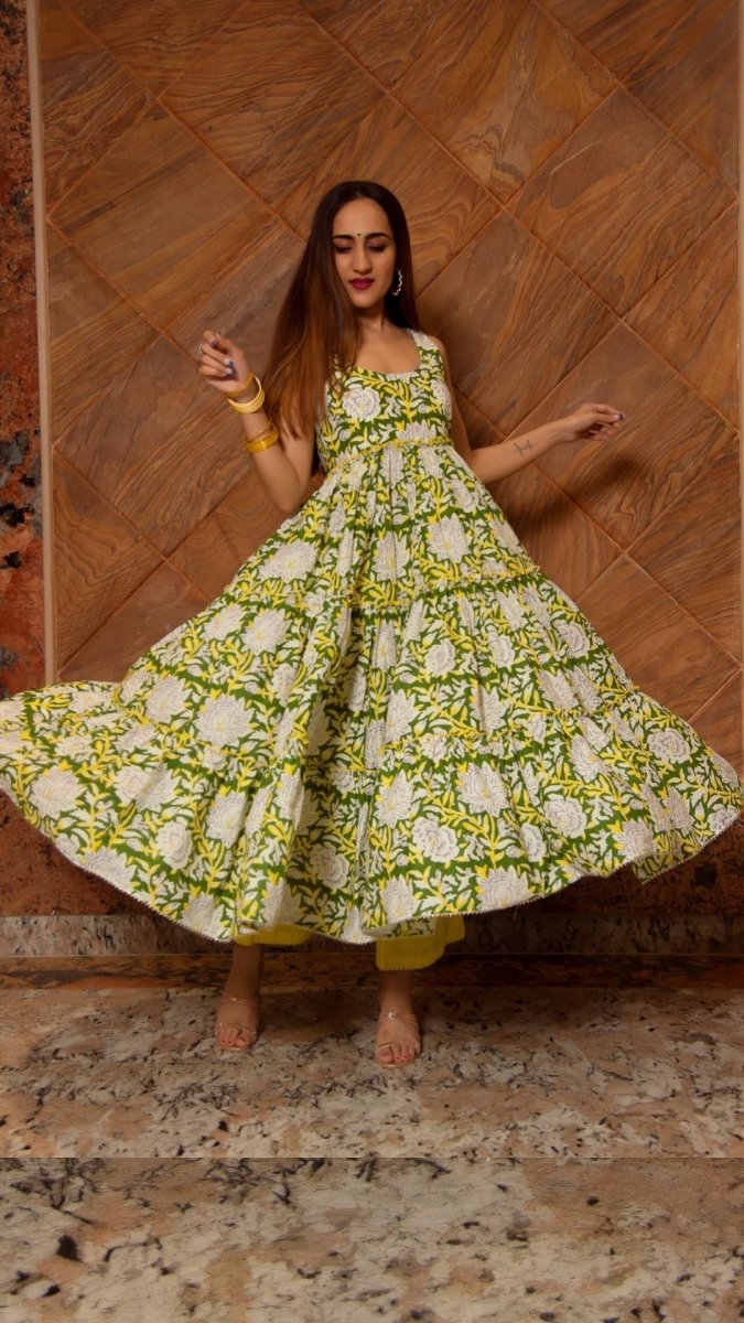 PEELA PHOOL COTTON TIERED ANARKALI SET - Pomcha Jaipur