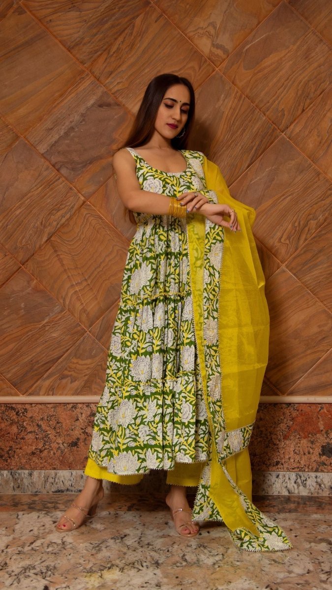 PEELA PHOOL COTTON TIERED ANARKALI SET - Pomcha Jaipur