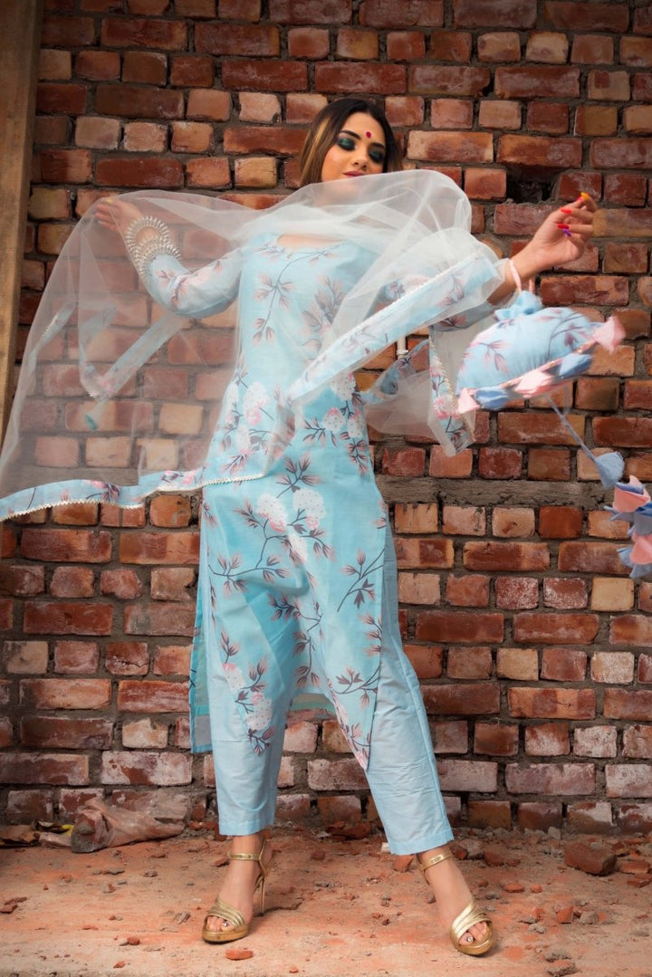 PEONY BLUE MODAL CHANDERI SILK KURTA PANT SET WITH SOFT NET DUPATTA - Pomcha Jaipur