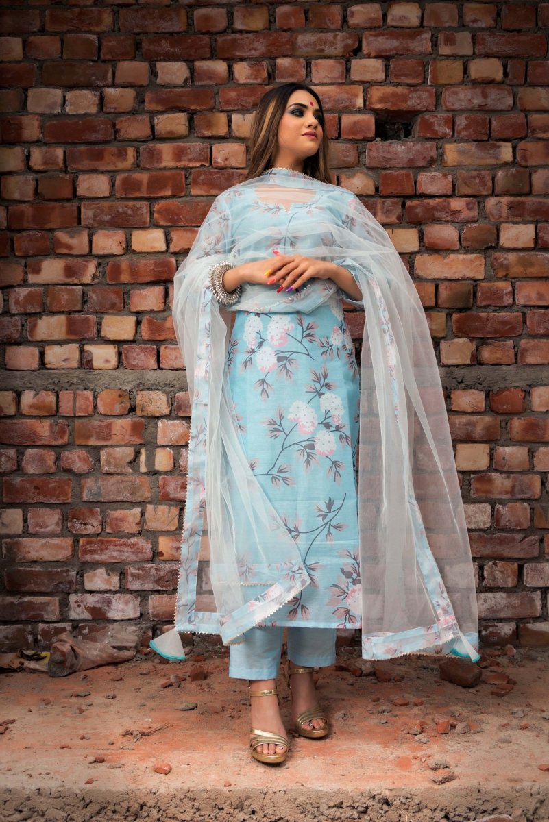 PEONY BLUE MODAL CHANDERI SILK KURTA PANT SET WITH SOFT NET DUPATTA - Pomcha Jaipur