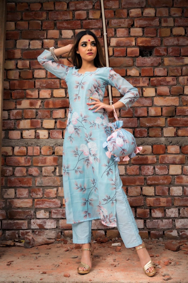 PEONY BLUE MODAL CHANDERI SILK KURTA PANT SET WITH SOFT NET DUPATTA - Pomcha Jaipur