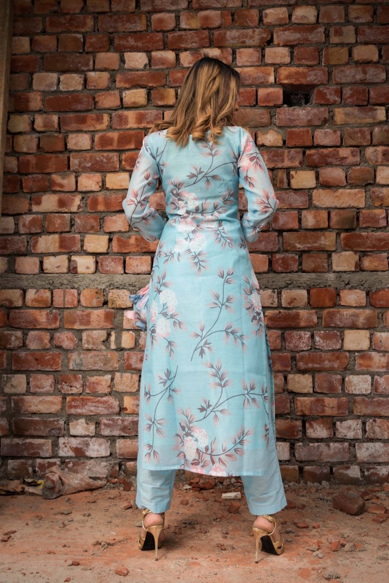 PEONY BLUE MODAL CHANDERI SILK KURTA PANT SET WITH SOFT NET DUPATTA - Pomcha Jaipur