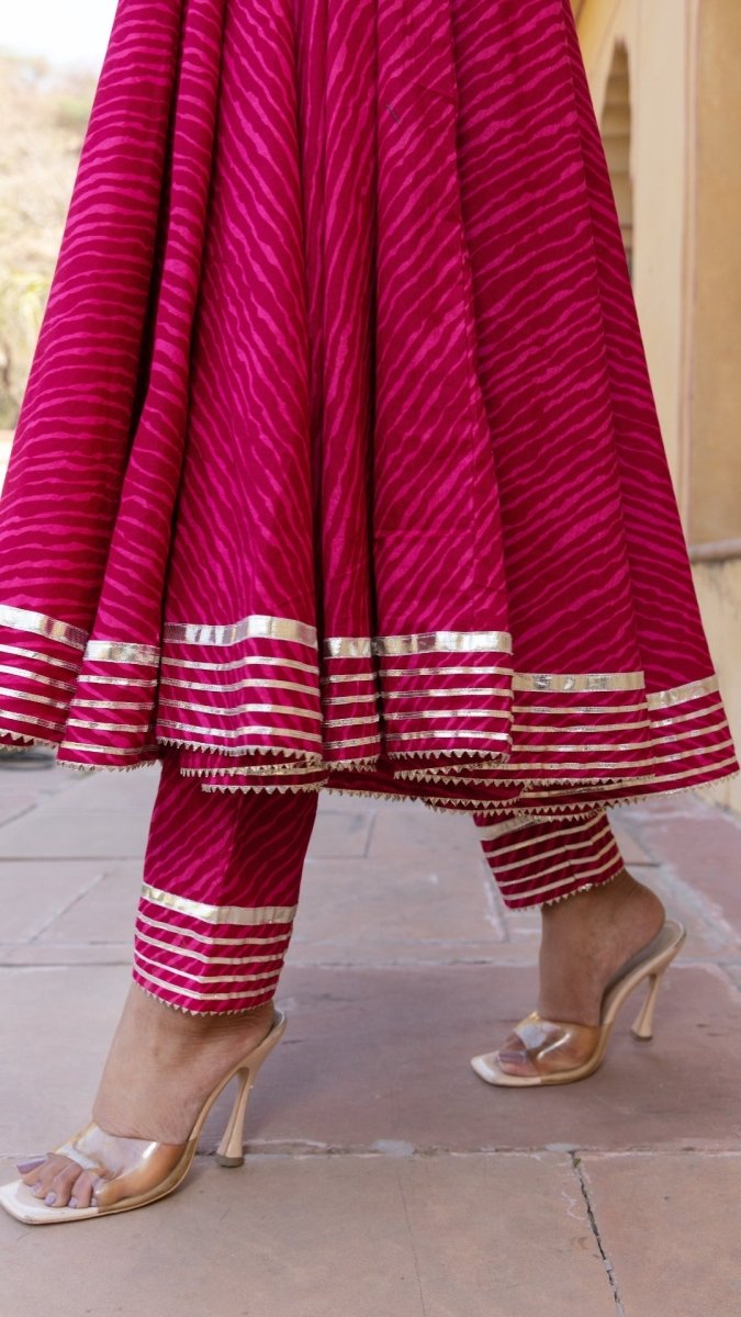 PINK LEHERIYA COTTON ANARKALI SET - Pomcha Jaipur