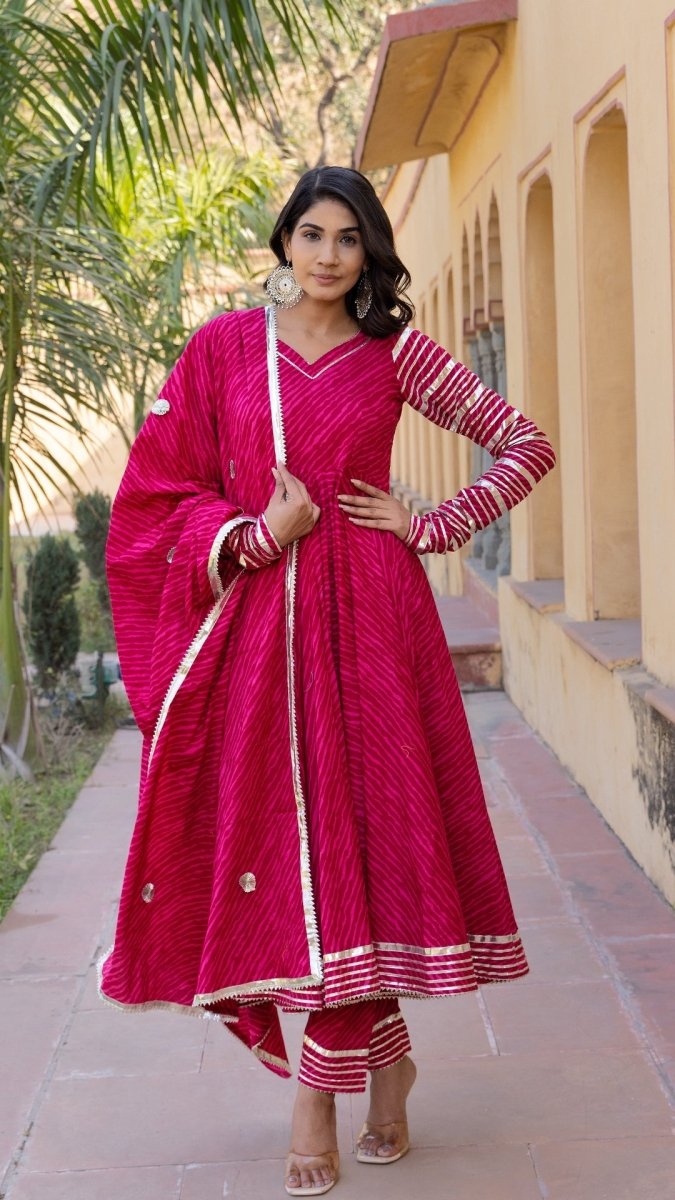 PINK LEHERIYA COTTON ANARKALI SET - Pomcha Jaipur