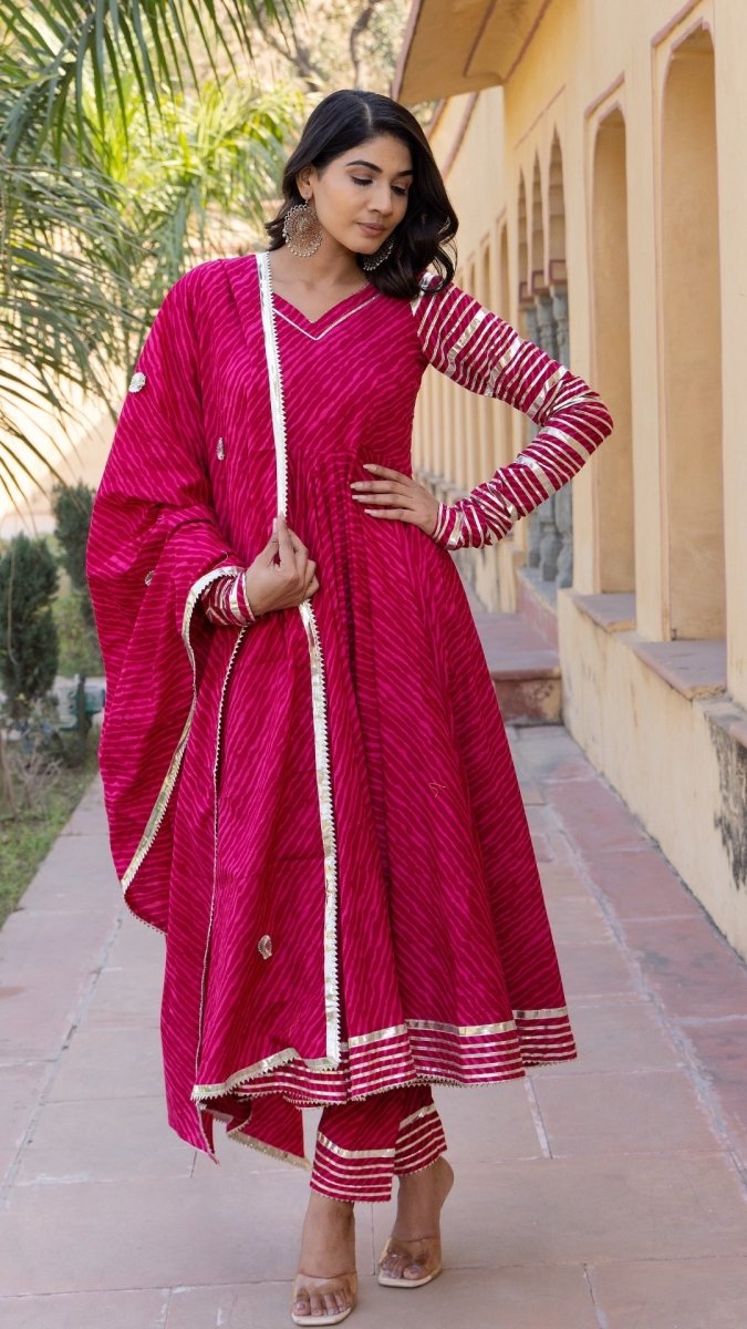 PINK LEHERIYA COTTON ANARKALI SET - Pomcha Jaipur