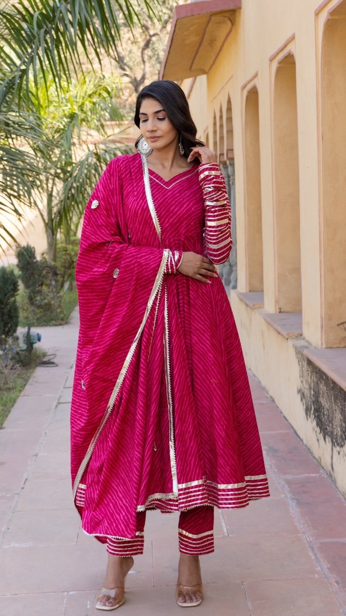 PINK LEHERIYA COTTON ANARKALI SET - Pomcha Jaipur